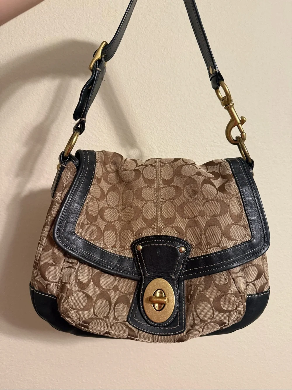 Coach Tan Signature Canvas Shoulder Bag with Black Trim